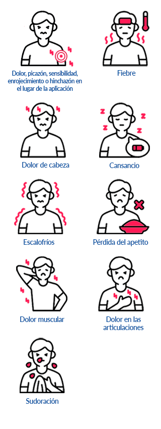 Síntomas post vacunación: Picazón o dolor en el lugar de la aplicación, fiebre, dolor de cabeza, cansancio, escalofríos, pérdida del apetito, dolor muscular, dolor en las articulaciones, sudoración.